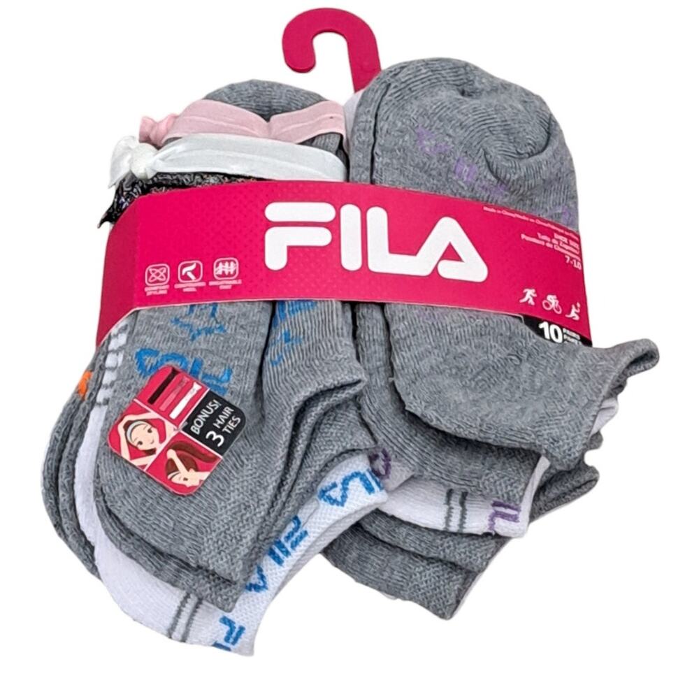NWT Fila 10 Pairs Comfort Knit Soft Socks Bonus 3 Hair Ties Girls 7 to 10 Shoe